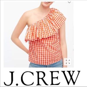 J Crew Factory Cotton Poplin Ruffle One Shoulder Gingham Top Size Medium NWT